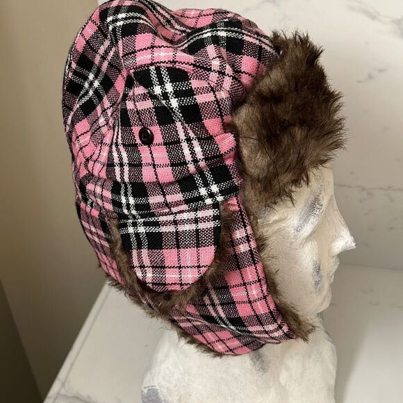 Pink Plaid Faux Fur Winter Hat - Picture 2 of 5